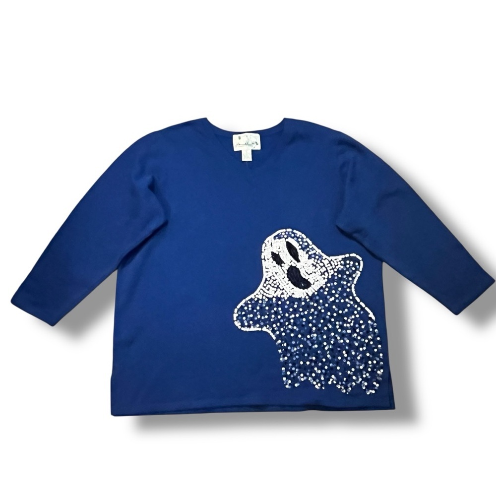 The Quacker Factory Halloween Sweatshirt Sequin Ghost V Neck Stretch Knit SZ 1X